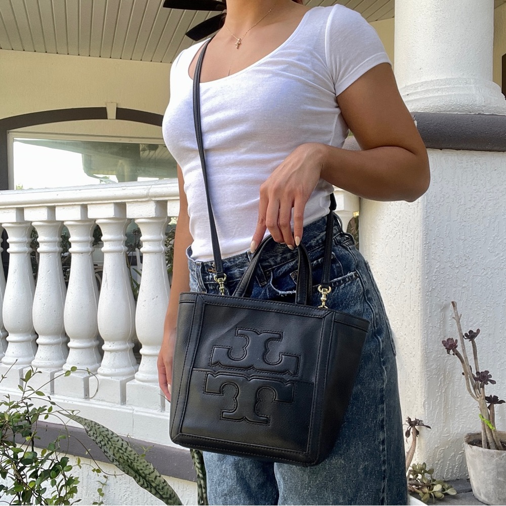 Black Leather Tory Burch Crossbody Double Handle Bag